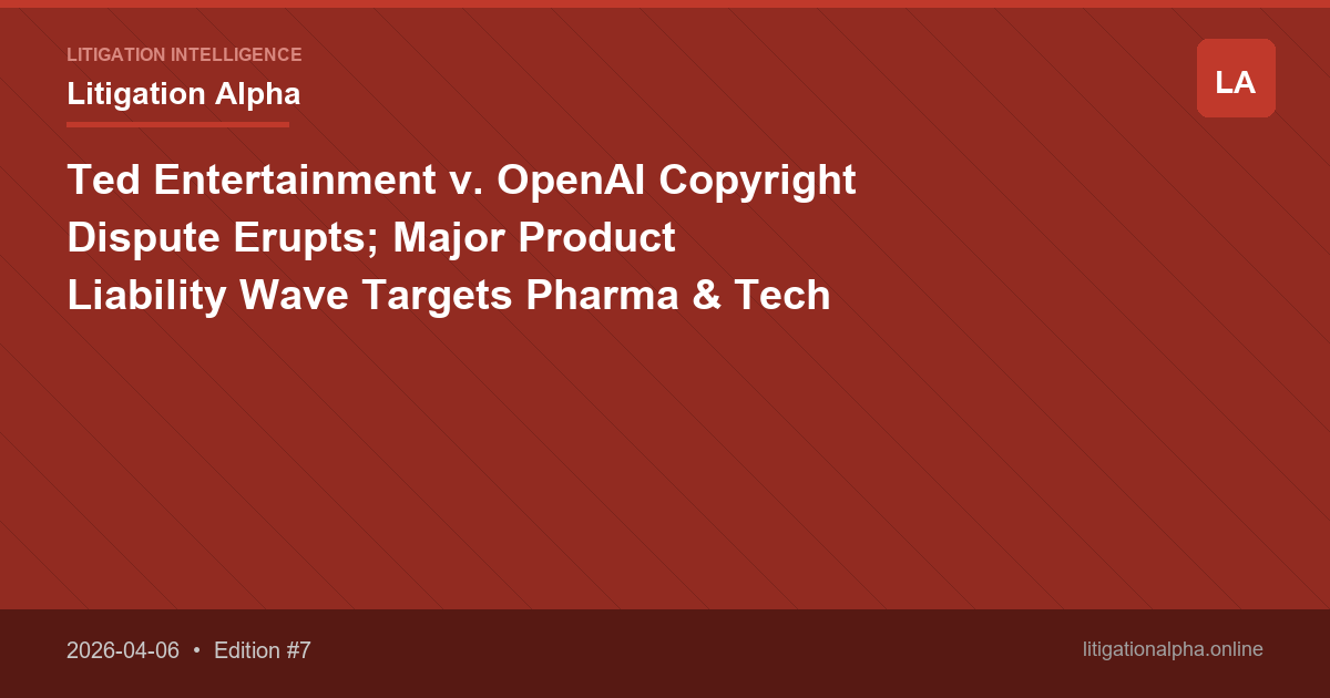 Ted Entertainment v. OpenAI Copyright Dispute Erupts; Major Product Liability Wave Targets Pharma & Tech